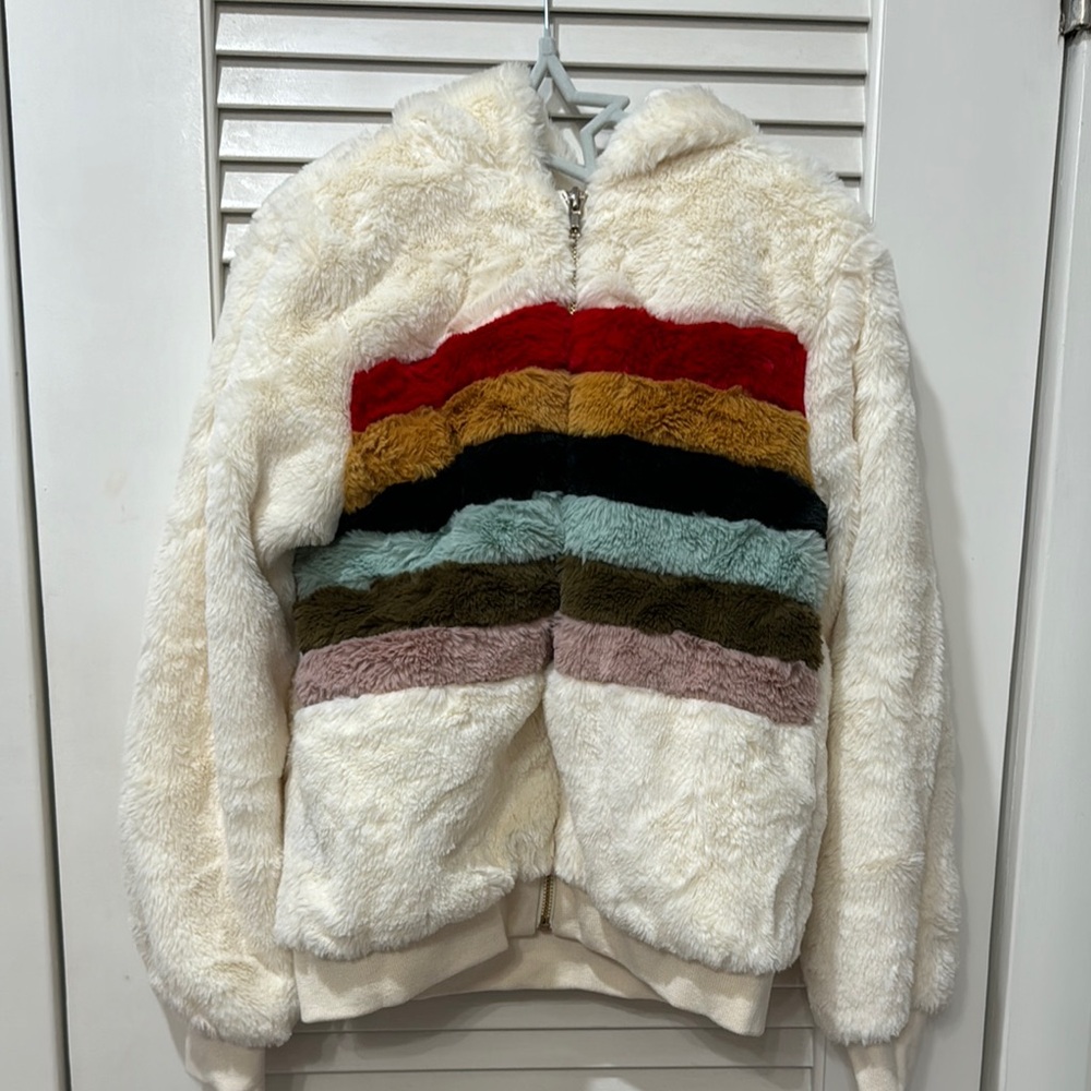 Colorful Striped Faux Fur Jacket